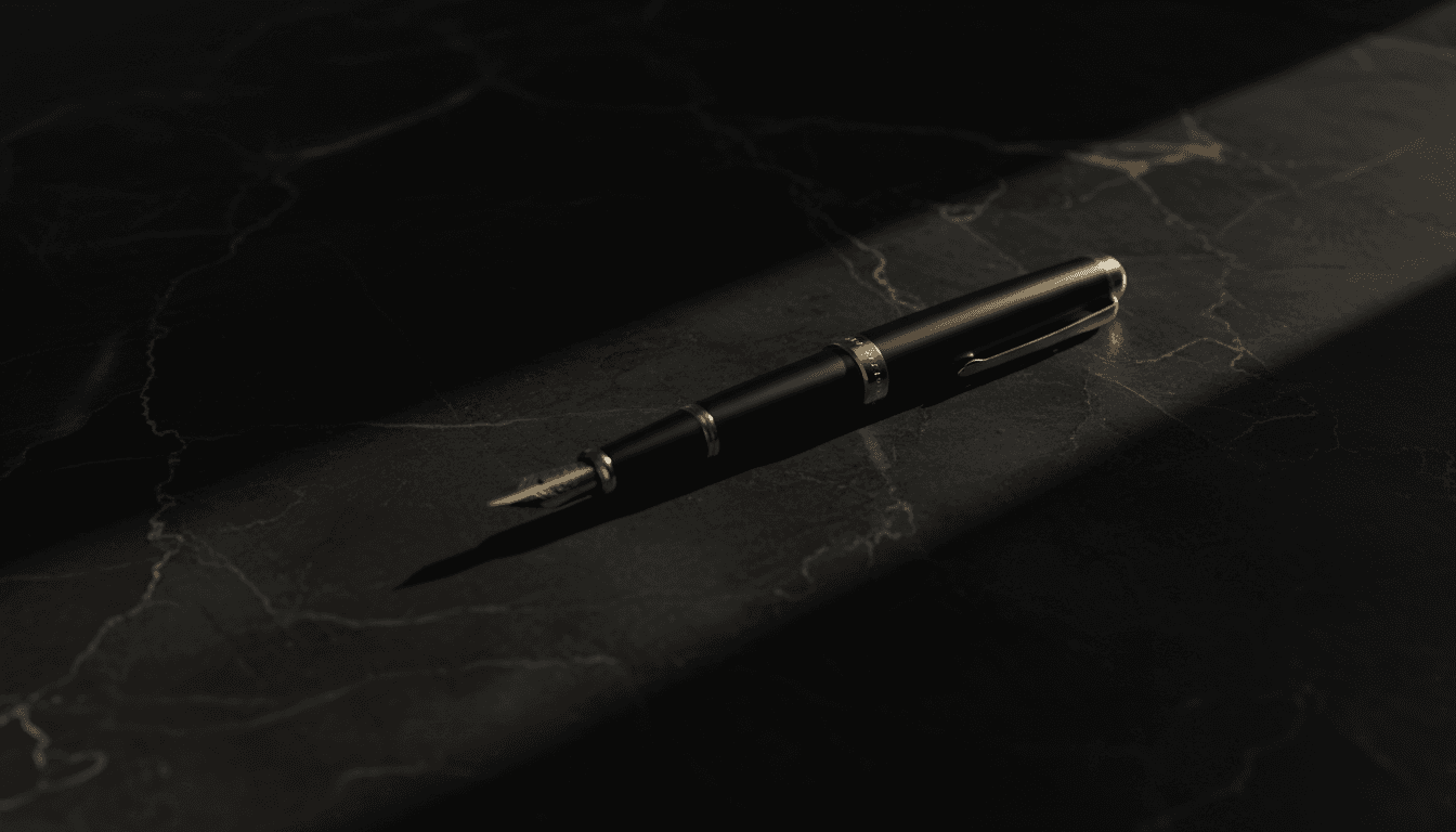 A black fountain pen with a gold nib and gold bands resting on dark veined marble in a shaft of light.